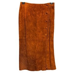 Cedars Vintage Genuine Leather Suede Button Front Skirt Cognac Brown Size 12 NEW